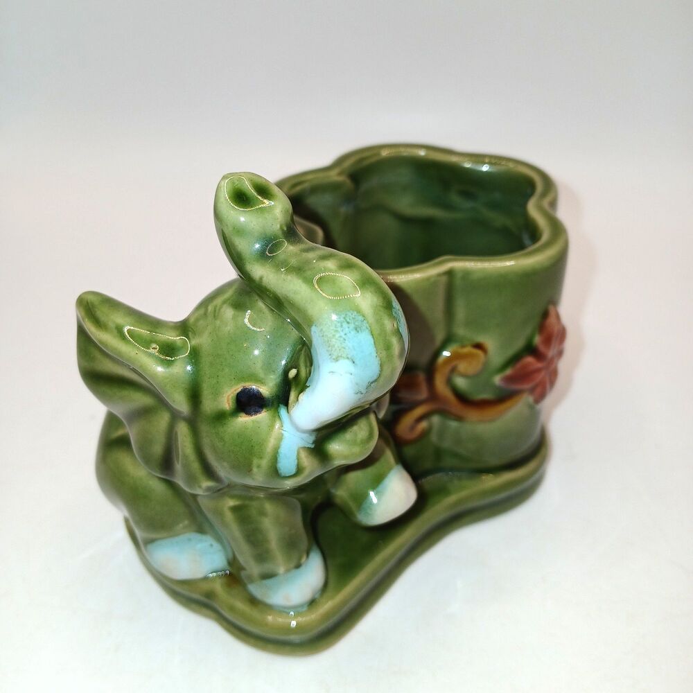Ceramic Majolica Style Lucky Elephant Planter Green Glazed Trunk Up Figurine